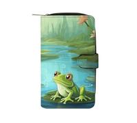 LYHVSFJW Long Wallet for Women Leather Wallet for Men Large Capacity Wristlet Wallets With 12 Card Holder Colorful Smiley Face Change Purse, Frog in a pond, 19.7x11x3.5cm, Modern