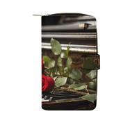 LYHVSFJW Long Wallet for Women Leather Wallet for Men Large Capacity Wristlet Wallets With 12 Card Holder Love Heart Change Purse, Red Rose on Piano, 19.7x11x3.5cm, Modern