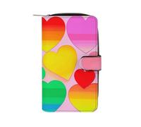 LYHVSFJW Long Wallet for Women Leather Wallet for Men Large Capacity Wristlet Wallets With 12 Card Holder Colorful Peach Watercolor Design Change Purse, Hearts in Rainbow Colors, 19.7x11x3.5cm, Modern