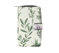 LYHVSFJW Long Wallet for Women Leather Wallet for Men Large Capacity Wristlet Wallets With 12 Card Holder Anime Style Cat Change Purse, Green Flower Herb Sage Leaves and Branches, 19.7x11x3.5cm,