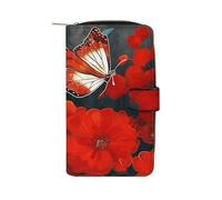 LYHVSFJW Long Wallet for Women Leather Wallet for Men Large Capacity Wristlet Wallets With 12 Card Holder Chinese Style Mandarin Ducks Change Purse, Red flowers and butterflies, 19.7x11x3.5cm, Modern