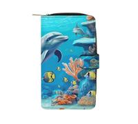LYHVSFJW Long Wallet for Women Leather Wallet for Men Large Capacity Wristlet Wallets With 12 Card Holder Sunset Dolphin Change Purse, Seabed Coral Fish Dolphins, 19.7x11x3.5cm, Modern
