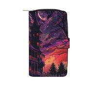 LYHVSFJW Long Wallet for Women Leather Wallet for Men Large Capacity Wristlet Wallets With 12 Card Holder Anime Style Cat Change Purse, Black Haunted House, 19.7x11x3.5cm, Modern