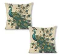 LYHVSFJW Peacock Pattern Throw Pillow Covers Decorative Linen Cushion Case Boho Farmhouse Pillowcase Soft Double-Sided Cushion Covers for Sofa Couch Bedroom Living Room Home Decor 18"x18"（2pcs）