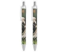 LYHVSFJW Pug Dogs Ball Point Pen Retractable Black Ink Ballpoint Pens Super Soft Grip 0.5mm Ink Pen Medium Point Office Pens 2 PCS