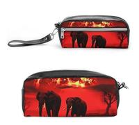 LYHVSFJW Red Full Moon Elephants Pencil Case, Large Capacity Pencil Pouch with Zipper, Coin Pouch Cosmetic Bag Leather Pen Bag for Office Stationery Cosmetics