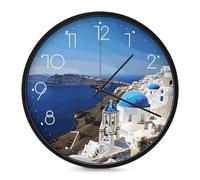 LYHVSFJW Santorini Greek Island Sea View Wall Clock Silent Non-Ticking Analog Clocks Modern Round Decorative Digital Clock for Living Room Bathroom Kitchen Classroom Bedroom Office 10 Inch White