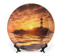 LYHVSFJW Sea Lighthouse in Sunset Ceramic Decorative Plate 10inch Bone China Decorative Personalized Boho Plates with Display Stand, Ceramic Ornaments Dessert Plates for Home Decor Dinner