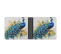 LYHVSFJW Slim Leather Wallet for Men - Hand Drawn Floral Dragonfly Bifold Credit Card Holder with Money Clip & 6 ID Window, Peacock watercolor painting, One Size, Modern