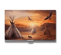 LYHVSFJW Slim Metal Business Card Holder - Native American Tribes Aluminum Alloy Card Case with Buckle Closure, Holds 20 Cards & Cash, Professional Credit Card Size ID Holder for Men Women Gift