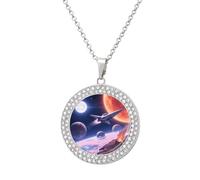 LYHVSFJW Space with Planets And Spaceships Round Pendant Necklace for Women Faux Diamond Women's Necklaces Elegant Dainty Alloy Disc Charm Necklace with Adjustable Chain, Fashion Jewelry Gift, One