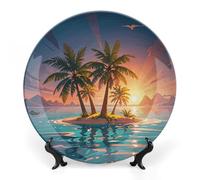 LYHVSFJW Sunrise Tropical Palm Tree Island Ceramic Decorative Plate 6inch Bone China Decorative Personalized Boho Plates with Display Stand, Ceramic Ornaments Dessert Plates for Home Decor Dinner