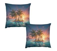 LYHVSFJW Throw Pillow Covers Set of 2 - Sunrise Tropical Palm Tree Island Double-Sided Square Decorative Pillow Cases for Couch, Bed, Sofa, Soft Plush Cushion Covers Without Insert 12 "x12