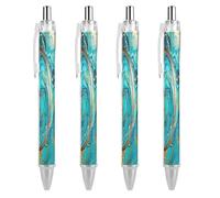 LYHVSFJW Turquoise Blue Gold Marble Ball Point Pen Retractable Black Ink Ballpoint Pens Super Soft Grip 0.5mm Ink Pen Medium Point Office Pens 4 PCS