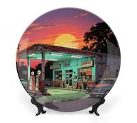 LYHVSFJW Vintage Gas Station Ceramic Decorative Plate 6inch Bone China Decorative Personalized Boho Plates with Display Stand, Ceramic Ornaments Dessert Plates for Home Decor Dinner