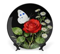 LYHVSFJW White Butterfly Red Rose Ceramic Decorative Plate 10inch Bone China Decorative Personalized Boho Plates with Display Stand, Ceramic Ornaments Dessert Plates for Home Decor Dinner