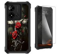 LYHXLYJH for Cloud Stratus C8 Prime Phone Case with Tempered Glass Screen Protector, Dual Layer Hybrid Soft TPU Hard PC Full-Body Protective Cover,Red Rose on the Cross