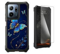 LYHXLYJH for Consumer Cellular IRIS Connect 2 Phone Case Blue Butterfly | Tempered Glass Screen Protector Dual Layer Hybrid Soft TPU Hard PC Full-Body Protective Cover,Blue Butterfly