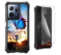 LYHXLYJH for Consumer Cellular IRIS Connect 2 Phone Case | Tempered Glass Screen Protector Dual Layer Hybrid Soft TPU Hard PC Full-Body Protective Cover,Blue Butterfly Dandelion