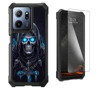 LYHXLYJH for Consumer Cellular IRIS Connect 2 Phone Case | Tempered Glass Screen Protector Dual Layer Hybrid Soft TPU Hard PC Full-Body Protective Cover,Blue Light Black Robe Skull