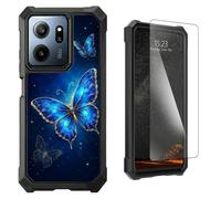 LYHXLYJH for Consumer Cellular IRIS Connect 2 Phone Case | Tempered Glass Screen Protector Dual Layer Hybrid Soft TPU Hard PC Full-Body Protective Cover,Blue Gold Butterfly