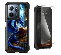 LYHXLYJH for Consumer Cellular IRIS Connect 2 Phone Case | Tempered Glass Screen Protector Dual Layer Hybrid Soft TPU Hard PC Full-Body Protective Cover,Blue Dragon Reads Books