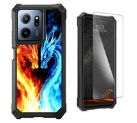 LYHXLYJH for Consumer Cellular IRIS Connect 2 Phone Case | Tempered Glass Screen Protector Dual Layer Hybrid Soft TPU Hard PC Full-Body Protective Cover,Blue Red Fiery Dragon