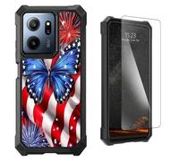LYHXLYJH for Consumer Cellular IRIS Connect 2 Phone Case | Tempered Glass Screen Protector Dual Layer Hybrid Soft TPU Hard PC Full-Body Protective Cover,Flag Blue Butterfly