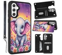LYHXLYJH for Samsung Galaxy A14 5G Wallet Case with Card Holder & Wrist Strap,Kickstand Magnetic Clasp Back Flip Folio Leather Phone Case for Women Men 6.6"-Cute Little Elephant