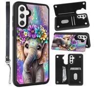 LYHXLYJH for Samsung Galaxy A16 5G Wallet Case with Card Holder & Wrist Strap,Kickstand Magnetic Clasp Back Flip Folio Leather Phone Case for Women Men 6.7"-Beautiful Little Elephant
