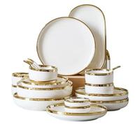 LYHYDMA Dinnerware Set Gold Bright White Porcelain Dinner Sets Ceramic Bowl Dish Plates Set Dinnerware for Household Hotel For kitchen Dining room(Bright B6people set)