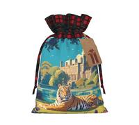 Lying Tiger Gift Bag â€“ Festive Print Drawstring Bag, Perfect For Holidays, Birthdays, And Party Favors, Elegant Plaid Pattern With Kraft Paper Tag