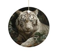 Lying White Tiger Double-Sided Ceramic Christmas Ornaments - Round Hanging Mini Xmas Tree Decorations, Ideas for Farmers, Rustic Home Decor for Indoor Outdoor Tree Decor