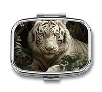 Lying White Tiger Pill Box - 2 Compartment Travel Pill Organizer with Small Mirror, Portable Pillcase for Pocket & Purse, Cute Square Medicine Case, Weekly Medicine Container
