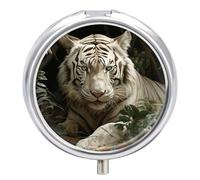 Lying White Tiger Pill Box - 3 Compartment Travel Pill Organizer with Small Mirror, Portable Pillcase for Pocket & Purse, Cute Round Medicine Case, Weekly Medicine Container