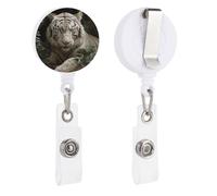 Lying White Tiger Retractable Badge Reel - Personalized ID Name Badge Holder with Lanyard Cute Badges Reel Holder Round Nurse Doctor Name Tag Badges Clip for Work