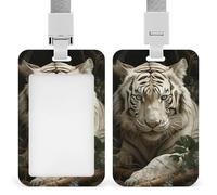Lying White Tiger Retractable ID Badge Holder with Lanyard - Vertical Badge Reel,Keychain Clip,Name Tag Id Card Holder Protector for Nurse Officer Teacher Security Staff Women Men