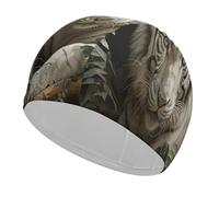 Lying White Tiger Swim Cap for Women Men Swimming Hat Bath Waterproof Pool Caps for Long Thick Curly Hair