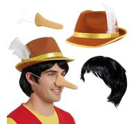 Lying Wooden Puppet Costume Accessory Set - Includes Brown Hat with White Feather, Black Wig, and Long Pointed Nose on Elastic - World Book Day, Cosplay, & School Plays - Adults Fancy Dress