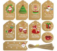 LYINUR Christmas Tags, Xmas Gift Tag, 50 Pcs 10 Styles Xmas Tags for Presents, Kraft Paper Tag Hang Labels with String for Present Christmas Tree Decoration