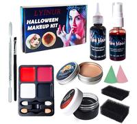 LYINUR Halloween Special Effects Make Up Kit, Fake Blood Spray Dripping Coagulated Blood, Scar Wax Face Paint SFX Makeup Set with Scraper Sponges Brush for Halloween Zombie Vampire Cosplay