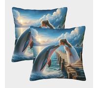 LYJSMDAAA 3D Printed Dolphin Cushion Covers Set Home Decor for Sofa Bedroom 2 PCS Printed Pillowcases Square Throw Pillow Home Decor for Sofa Car Bedroom 45x45cm