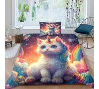 LYJSMDAAA Unicorn Cat 3D Duvet Cover Bedding Set Soft Microfiber & Cosy Breathable Quilt Cover 3 Pcs 3D Bedding with Zipper Closure Quilt Bed Set for Kids Teens Adults Single(135x200cm)
