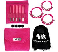 Lykke Blush 3.5 in. Core Set US Sizes 3, 4, 5, 6, 7 Interchangeable Circular Knitting Needles for Sport, Baby, DK Yarn, Light Worsted, Birchwood, 3 Swivel Cords, Fuchsia DM Case, Project Bag