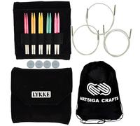 Lykke Colour 3.5 in. Core Set US Sizes 3, 4, 5, 6, 7 Interchangeable Circular Knitting Needles for Sport, Baby, DK Yarn, Light Worsted, Birchwood, 3 Swivel Cords, Black Vegan Suede Case, Project Bag