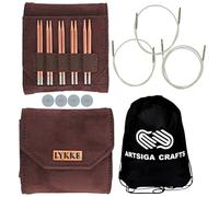 Lykke Cypra 3.5 in. Core Set US Sizes 3, 4, 5, 6, 7 Interchangeable Circular Knitting Needles for Sport, Baby, DK Yarn, Light Worsted, Copper, 3 Swivel Cords, Brown Vegan Suede Case, Project Bag
