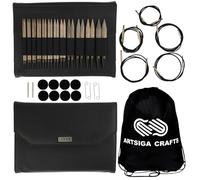 Lykke Driftwood 5 in. Complete Set US 4, 5, 6, 7, 8, 9, 10, 10.5, 11, 13, 15, 17 Interchangeable Circ. Knitting Needles for DK, Worsted, Super Chunky Yarn, Birch, 5 Cords, Black PU Case, Project Bag