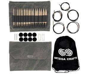 Lykke Driftwood 5-Inch (13cm) Interchangeable Circular Knitting Needle Set Birchwood US Sizes 4, 5, 6, 7, 8, 9, 10, 10.5, 11, 13, 15, & 17 Includes Grey Denim Case Bundle with Artsiga Crafts Large Bag
