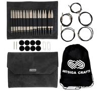 Lykke Driftwood Circular Knitting Needles 5" Interchangeable Birch Wood Needle Tips US Sizes 4 5 6 7 8 9 10 10.5 11 13 15 17 5 Ropes Connectors Faux Leather Case Black Project Bag
