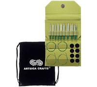 Lykke Grove 3.5 Inch (9cm) Interchangeable Circular Knitting Needles Bamboo US Sizes 3, 4, 5, 6, 7, 8, 9, 10, & 10.5 with 4 Cords, connectors, Keys, stoppers, Green Basketweave Case, Project Bag